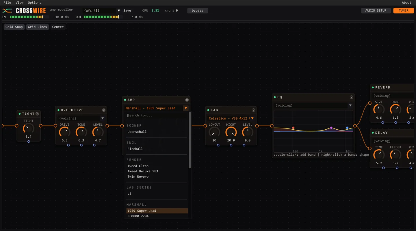 Crosswire amp model browser open over a working guitar patch
