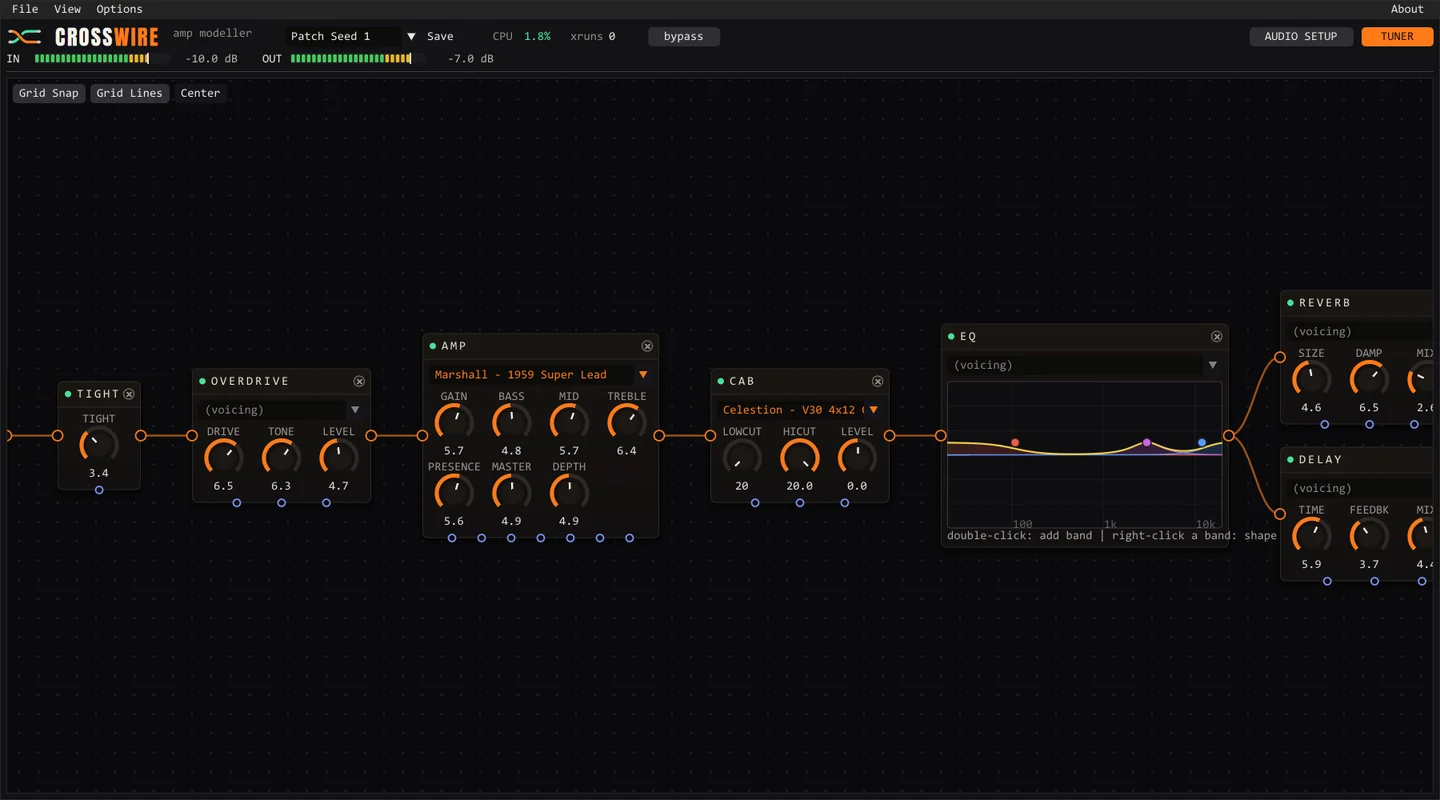 Crosswire application showing a real parallel guitar effects patch